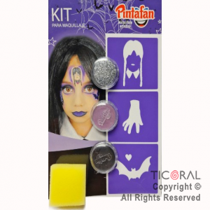 KIT MAQUILLAJE ARTISTICO LILA NEGRO Y GLITTER PLATEADO (BLISTER 3 UNID - 6 GR) + STENCIL + ESPONJA